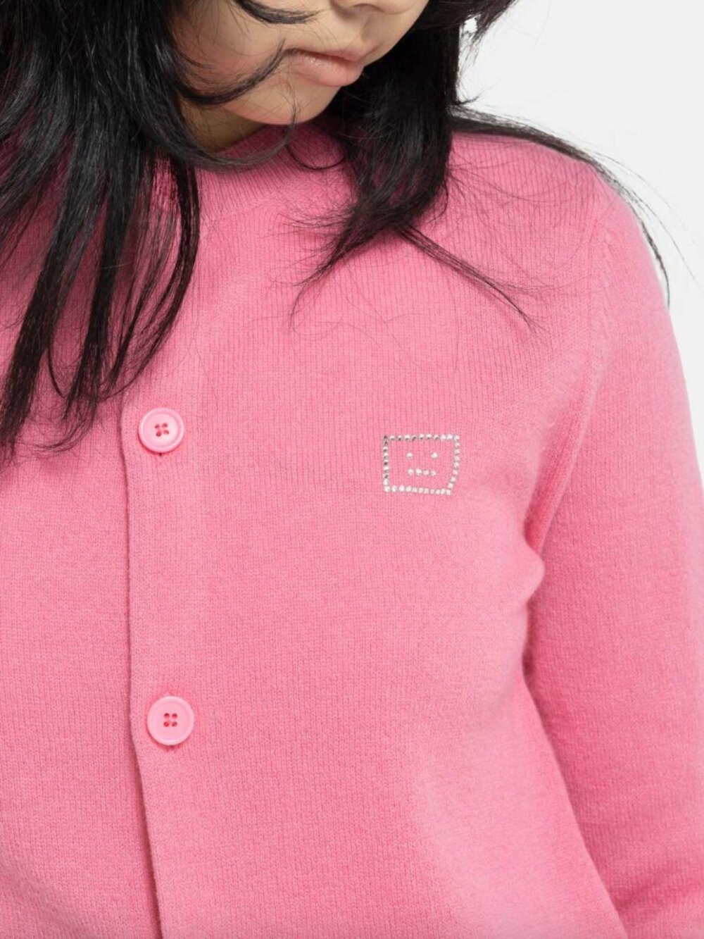 $389 Acne Studios Tango Pink Embellished Face Logo Cardigan Sweater size Large - Picture 3 of 11